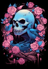 A Symbolic Tribute: Skull, Birds, and Roses in a Beautiful Wreath of Life