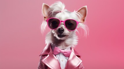 Portrait of a cute dog wearing sunglasses and a pink jacket on a pink background. Banner copy space. Ai generative