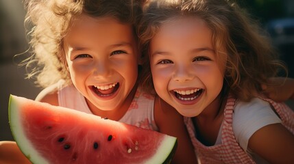 Happy girl with watermelon, two girls eating watermelon