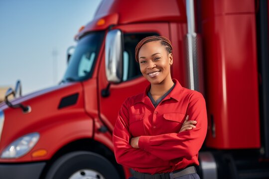 A Smiling African American Female Truck Driver Standing Near  Semi Truck