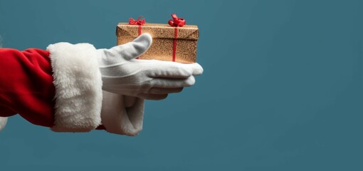 Santas Hand Grasping Christmas Present Clutching Wrapped Gift Spreading Joy and Wonder - obrazy, fototapety, plakaty