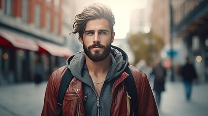 Men and fashion, Fashion hipster urban set. Handsome man walking on the street. - obrazy, fototapety, plakaty