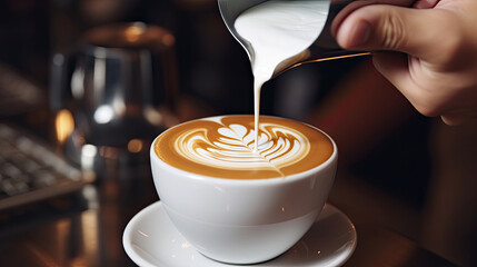 young male barista hands making cappuccino pouring milk to prepare a cup of Latte art coffee created with Generative AI Technology - obrazy, fototapety, plakaty