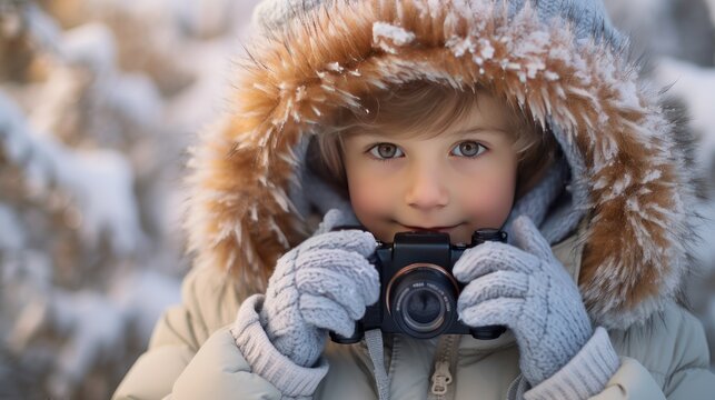 Cute boy holding a camera and taking pictures with winter, child with winter