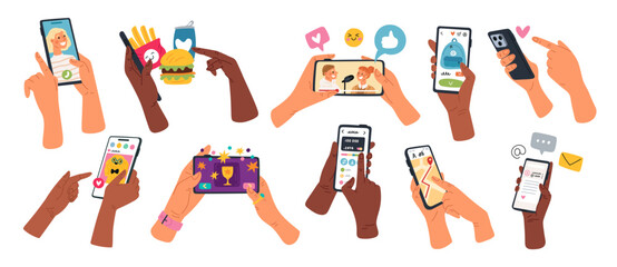 Cartoon hands hold mobile phones. Human arms with smartphones. Different apps using. Food order. Games play. Podcasts and music listen. Messenger chatting and call. Garish vector set - obrazy, fototapety, plakaty