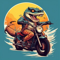 A Cartoon Alligator Riding a Motorcycle in Front of a Sunset