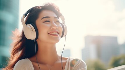 Women and lifestyle,Portrait of carefree asian woman singing and listening music