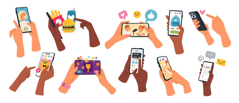 Cartoon hands hold mobile phones. Human arms with smartphones. Different apps using. Food order. Games play. Podcasts and music listen. Messenger chatting and call. Garish vector set