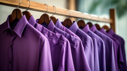 Clothing store in department store,Purple silk shirts hanging on wood hangers