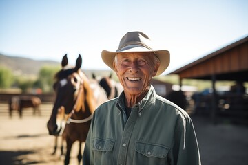 A senior man standing close to a horse outdoors in nature, holding it