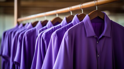 Obraz premium Clothing store in department store,Purple silk shirts hanging on wood hangers