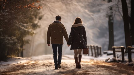 Obraz premium Rear view of a couple holding hands walking between the roads in the forest. covered with snow