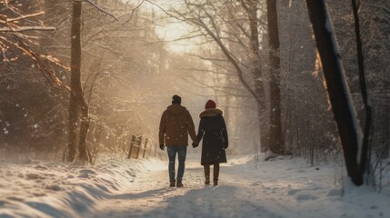 Fototapeta na wymiar Rear view of a couple holding hands walking between the roads in the forest. covered with snow