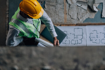 Diverse Team of Specialists Use Tablet Computer on Construction Site. Real Estate Building Project with Civil Engineer, Architect, Business Investor and General Worker Discussing Plan Details.