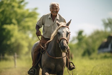 Senior asian man riding a horse through the field on a ranch
