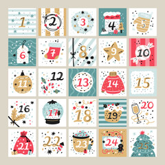 Christmas advent calendar. December holiday banner with funny numbers. Decorated toys. Wreaths and confetti. Openable gift cells. Xmas waiting. Winter celebration. Garish vector template