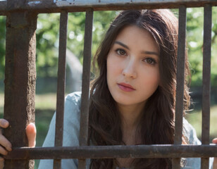 Obraz premium Portrait of a young woman on a fence.