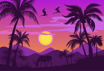 Dark palm trees silhouettes. Sunset African landscape with tropical plants and animals. Evening sky. Purple sundown. Wild nature scenery. Savannah panorama. Splendid vector background