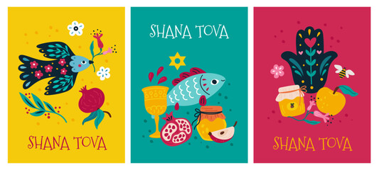 Happy Shana Tova greeting card. Jewish traditional holiday celebration. Rosh Hashanah element. New Year Israeli items. Apple or pomegranate. Funny bird with flower branch. Garish vector set