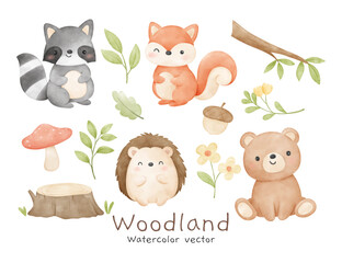 Woodland animal watercolor Decoration nursery birthday kids Print for invitation card Poster Template
