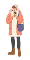 Teenage girl holding a coffee cup wearing casual winter apparel, hoodie wool coat, sweater dress, boots and wool hat with bag. Flat vector illustration isolated on white background
