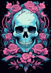 Death's Embrace: A Skull Surrounded by Roses on a Dark Canvas