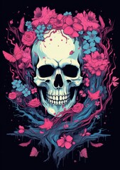 A Skull Adorned with a Delicate Wreath of Vibrant Flowers