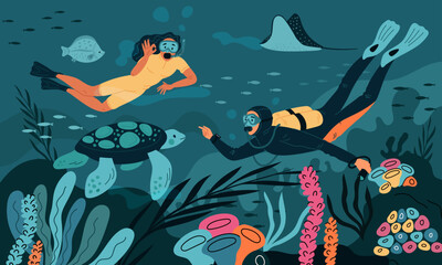 Scuba divers under water. People in masks with air cylinders and tubes. Exploration of seabed. Underwater swimming. Undersea reef. Stingray and turtle. Tropical fish. Garish vector concept