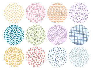 Simple doodle textures. Round hand drawn pattern. Abstract random shapes. Polka dots and checkered print. Minimal strokes. Crosses and stripes. Circle geometric elements. Recent vector set