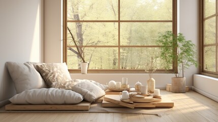 A zen-inspired meditation space with soft cushions, calming colors, and natural elements for a peaceful retreat. 