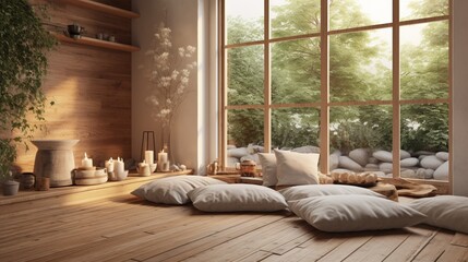 A zen-inspired meditation space with soft cushions, calming colors, and natural elements for a peaceful retreat.