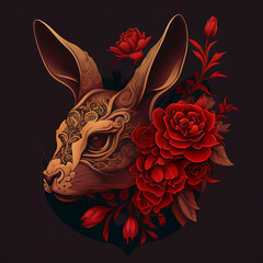 Vivid Red Rabbit: Chinese Zodiac Animal with Floral Detail