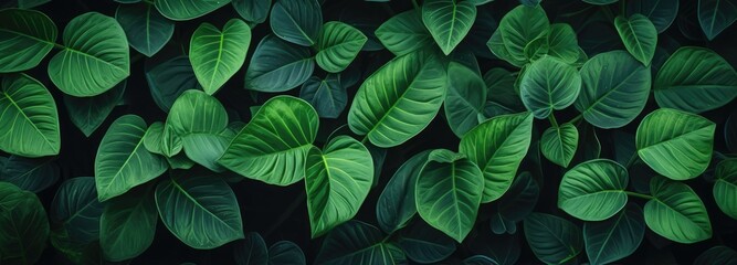 Close Up of Vibrant Green Leaves on a Dark Black Background