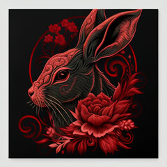 Zodiac Elegance: Red Rabbit Head and Blossoming Flower