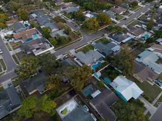 A Florida, USA neighborhood is shown from an aerial view during the late afternoon.