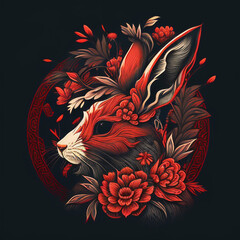 Cultural Blessings: Red Rabbit Head and Vibrant Flower