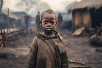 Sad african poor kid standing dirty in a rural town - obrazy, fototapety, plakaty