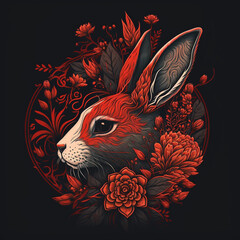 Floral Radiance: Red Rabbit Head in Chinese Zodiac