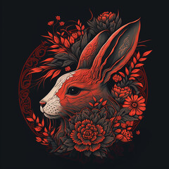 Year of Fortune: Red Rabbit Head and Intricate Flower