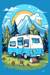 A Blue Van Parked in Front of a Majestic Mountain Range