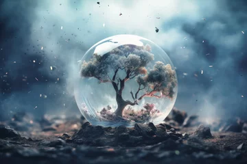 Papier Peint photo Pleine Lune arbre Glass globe in smoke, Environment Social and Governance. World sustainable environment concept. Pollution of the planet. The Green tree is protected.
