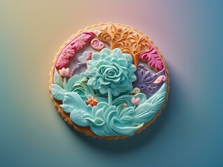 Fototapeta premium delicious cookie with cream in the shape of flowers and plants, blank background, for design, isolated