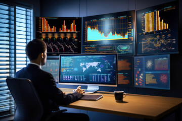 A business man watches monitors with quotes charts. Market analysis. Stock quote. Cryptocurrency rate. Global economic analysis.