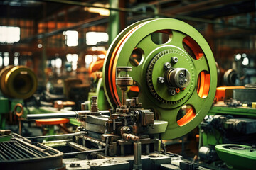 Photo of a mechanical device performing tasks on industrial equipment. Modern metal processing at an industrial enterprise. Manufacturing of high-precision parts and mechanisms. - obrazy, fototapety, plakaty