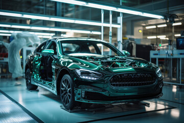 Assembly line for the production of modern cars. The final stage of assembly and testing during production. Quality control. Automated assembly