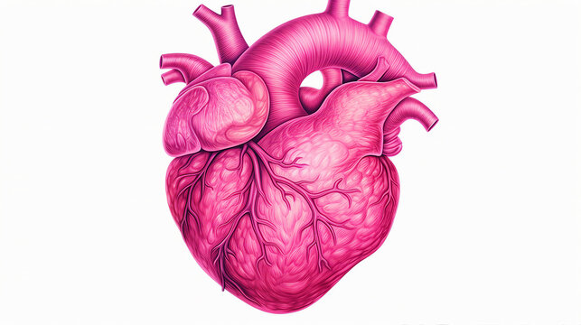 Pink Human Heart Engraving Illustration - Colorful Anatomy Art