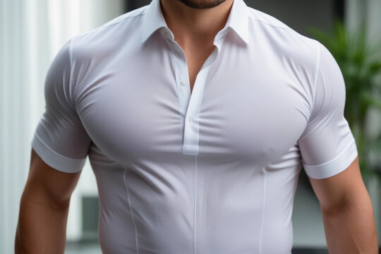 A man wearing skin tight shirt outlining his muscular body and rippling muscles underneath. Tone body, broad chest, chiselled muscles of an adult male who regular workouts at the gym. Masculine guy.