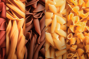 Different types of dried pasta macro. Natural dietary product. Healthy eating concept. Many types of pasta.