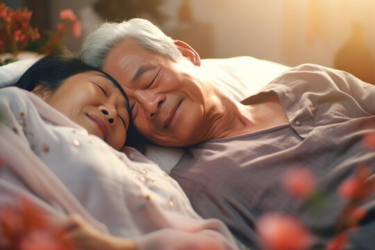 Asian elderly couple in love, man and woman in bed in the morning. Love and romance of two people. Tenderness and relaxation. Happy morning for lovers. Valentine's Day.