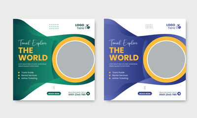 Traveling social media post banner template design, Tour travel holiday tourism marketing social media post